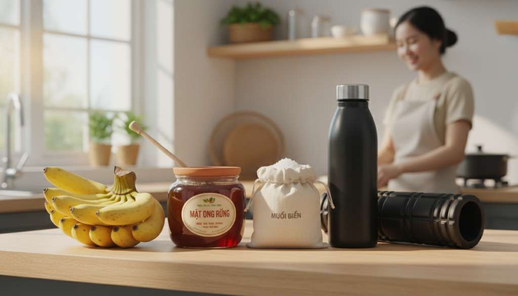 Một góc bếp sạch sẽ với các nguyên liệu tự nhiên: chuối chín, hũ mật ong rừng, muối biển và một bình nước thể thao, bên cạnh là con lăn massage màu đen chuyên nghiệp.