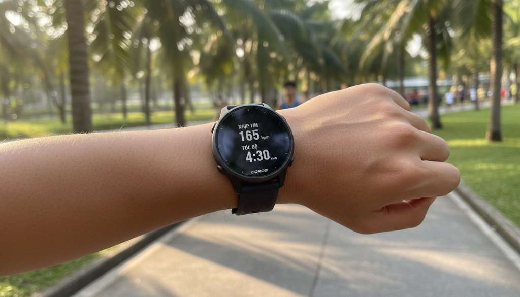Cận cảnh một chiếc đồng hồ Coros Pace 3 trên cổ tay runner đang hiển thị các thông số nhịp tim và tốc độ (pace) rõ nét dưới ánh nắng mặt trời.