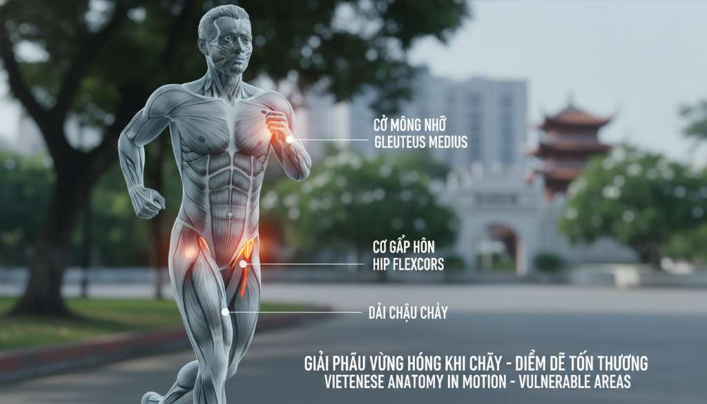 Hình ảnh minh họa giải phẫu 3D vùng hông của một người đang trong tư thế chạy. Các vùng cơ quan trọng như cơ mông nhỡ, cơ gập hông và dải chậu chày được làm nổi bật bằng các tông màu tương phản (đỏ và cam) để chỉ ra các điểm dễ bị tổn thương. Phong cách hiện đại, minh bạch, dễ hiểu.
