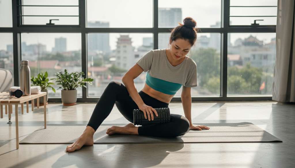 Một runner đang ngồi trên thảm tập trong không gian hiện đại, sử dụng con lăn Foam Roller màu đen để giải cơ vùng hông mặt ngoài. Ánh sáng tự nhiên từ cửa sổ lớn chiếu vào, tạo cảm giác thư giãn và chuyên nghiệp. Trên bàn cạnh đó là một bình nước thể thao và đồng hồ Garmin.