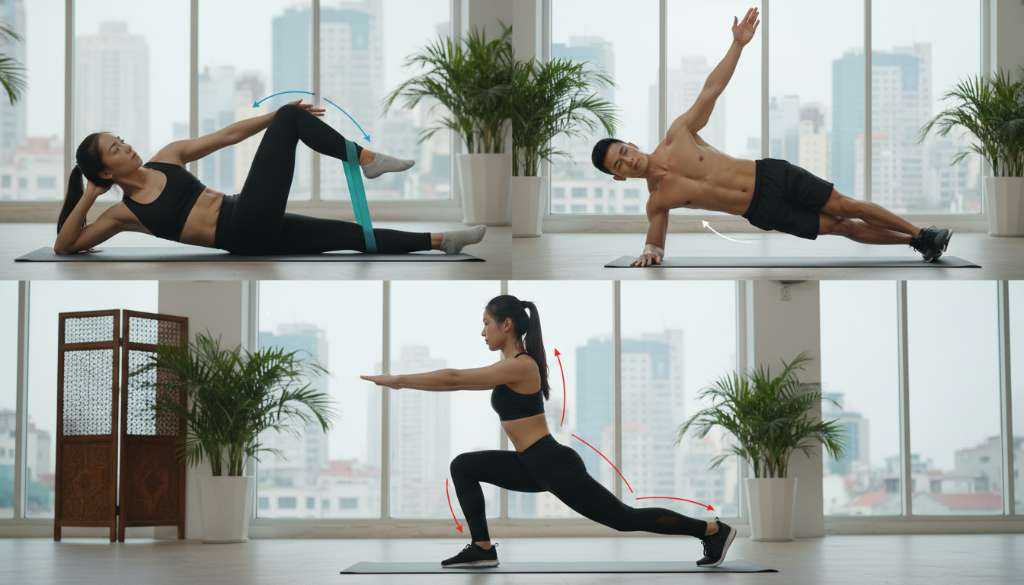 Ảnh ghép (Collage) chất lượng cao hướng dẫn 3 động tác: Clamshell với dây kháng lực màu xanh, Plank nghiêng và động tác Lunge. Người mẫu là vận động viên chuyên nghiệp với tư thế chuẩn xác, cơ bắp săn chắc. Có các mũi tên đồ họa tinh tế chỉ hướng chuyển động của cơ khớp.