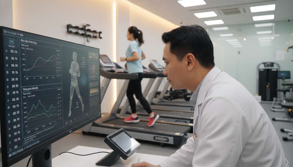 Cận cảnh một chuyên gia y học thể thao đang phân tích dáng chạy của runner trên máy chạy bộ qua màn hình máy tính. Màn hình hiển thị các thông số kỹ thuật về góc độ khớp hông và thời gian tiếp đất. Không gian phòng khám hiện đại, trang thiết bị công nghệ cao.