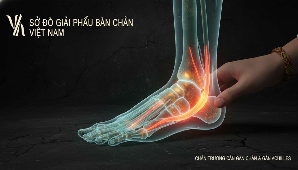 Sơ đồ giải phẫu bàn chân 3D nghệ thuật trên nền tối. Các điểm viêm tại cân gan chân và gân Achilles được phát sáng bằng màu cam và đỏ để người đọc dễ dàng phân biệt vị trí chấn thương.