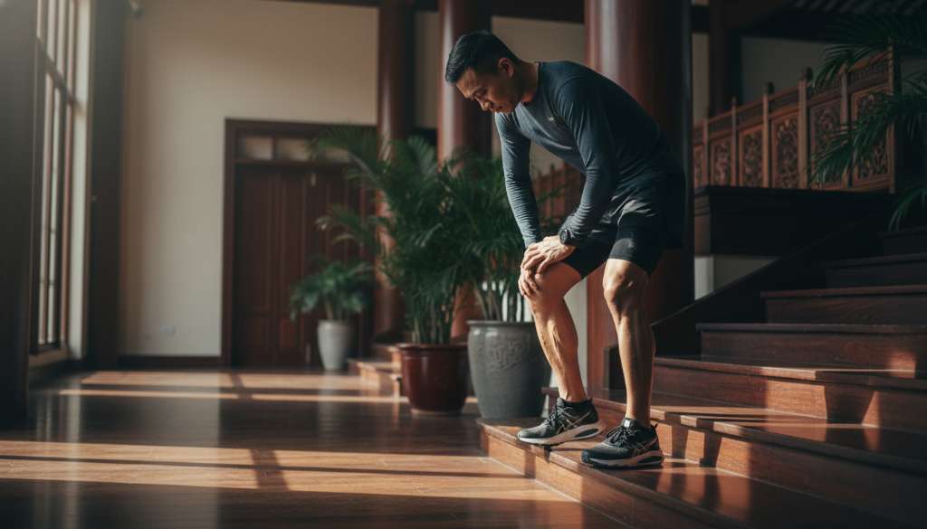 Ảnh một runner nam đang thực hiện bài tập kéo giãn bắp chân trên bậc cầu thang gỗ sang trọng. Ánh sáng tập trung vào sự căng cơ của bắp chân và độ giãn của gân gót, phong cách thể thao hiện đại.