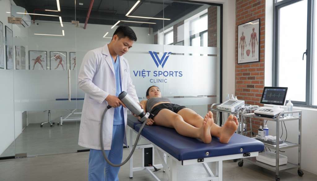 Không gian phòng khám thể thao hiện đại, bác sĩ đang sử dụng thiết bị sóng xung kích công nghệ cao để điều trị vùng gót chân cho một vận động viên. Hình ảnh chuyên nghiệp, sạch sẽ, tin cậy.