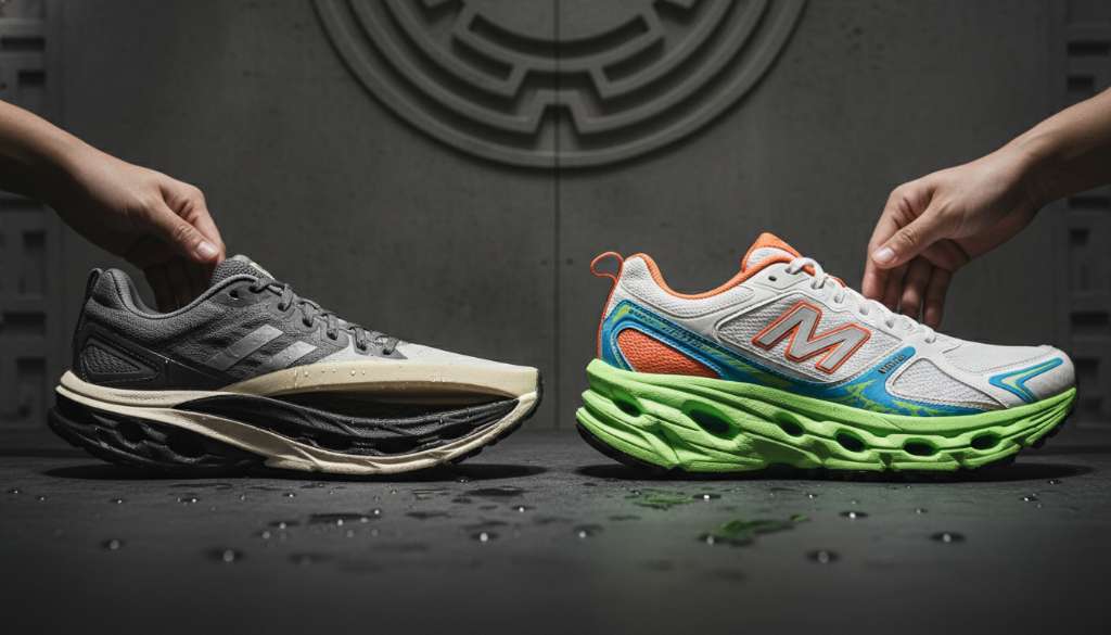 Ảnh so sánh nghệ thuật giữa hai chiếc giày chạy bộ cắt đôi: một bên là giày tối giản đế mỏng, một bên là giày Max Cushion với lớp bọt đệm dày đặc màu neon. Phông nền tối làm nổi bật cấu trúc bọt đệm.