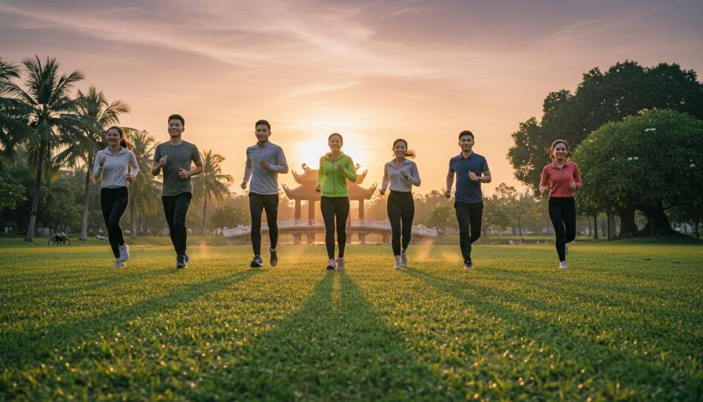 Một nhóm runner đang chạy bộ tràn đầy năng lượng trên mặt cỏ xanh mướt của công viên vào buổi hoàng hôn. Hình ảnh thể hiện sự tự do, khỏe khoắn và kỹ thuật chạy bộ chuẩn xác.