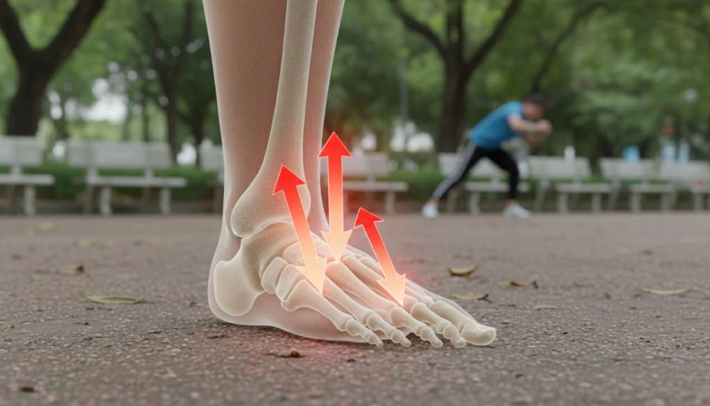 Hình ảnh đồ họa 3D mô phỏng cấu trúc xương bàn chân người với các mũi tên đỏ chỉ hướng lực tác động cực mạnh vào xương metatarsal thứ 2 và thứ 3 khi bàn chân tiếp đất.