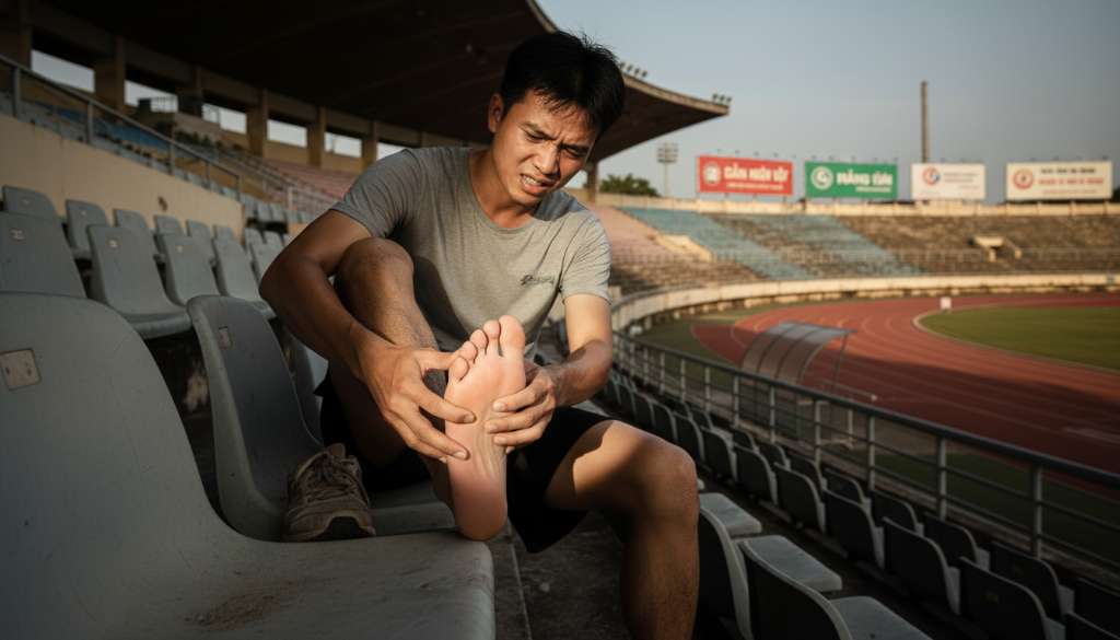Một runner đang ngồi trên ghế ở sân vận động, dùng ngón tay ấn vào một điểm cụ thể trên mu bàn chân với vẻ mặt đau đớn, ánh sáng tập trung vào bàn chân để thể hiện sự kiểm tra điểm đau chói.