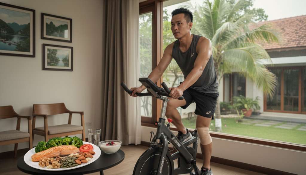 Một runner đang tập luyện trên xe đạp trong nhà (indoor cycling), chân đeo một lớp băng ép bảo vệ nhẹ nhàng, bên cạnh là đĩa thức ăn giàu canxi như cá hồi, bông cải xanh và các loại hạt.