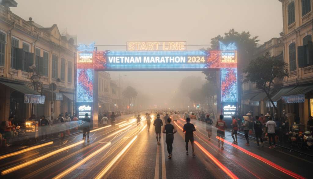 Một bức ảnh chụp cảnh đường phố mờ ảo lúc bình minh với ánh đèn xe taxi rực rỡ, phía xa là cổng xuất phát của một giải chạy marathon lớn với ánh đèn LED rực rỡ.