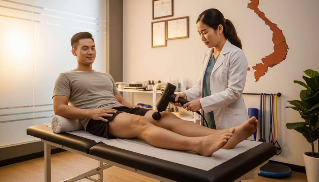 Một vận động viên đang ngồi trên giường vật lý trị liệu, chuyên gia đang sử dụng súng massage chuyên dụng để phục hồi cơ bắp chân, ánh sáng dịu nhẹ chuyên nghiệp.