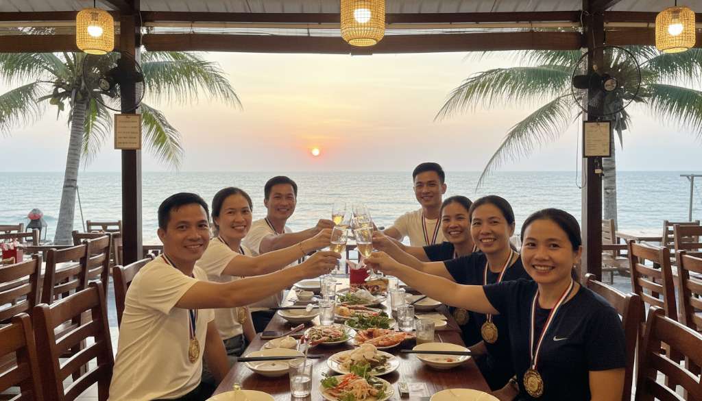Nhóm runner rạng rỡ, cổ đeo huy chương, đang nâng ly chúc mừng tại một nhà hàng địa phương ven biển, không khí vui tươi và ấm cúng.