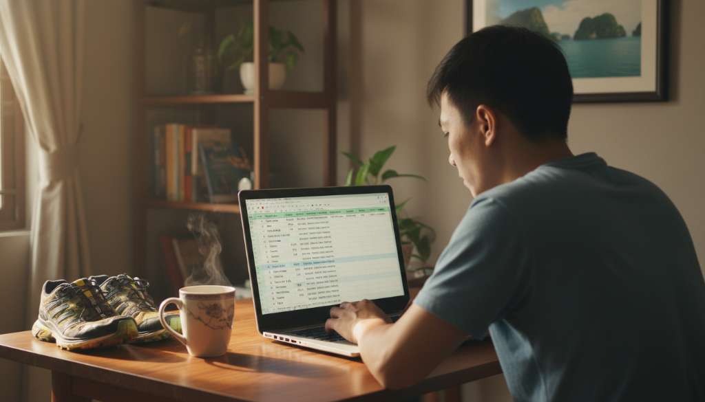 Một người đang ngồi tập trung trước màn hình laptop, hiển thị bảng tính Excel quản lý ngân sách giải chạy với các cột chi phí rõ ràng, bên cạnh là một tách cà phê và đôi giày chạy.