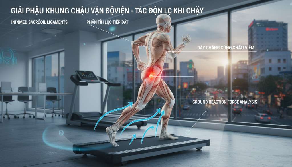 Hình ảnh minh họa giải phẫu 3D chi tiết vùng khung chậu của người chạy bộ. Các dây chằng quanh khớp cùng chậu được tô màu đỏ để biểu thị tình trạng viêm. Hình ảnh có các mũi tên chỉ hướng lực tác động từ bàn chân lên cột sống khi tiếp đất, phong cách khoa học thể thao hiện đại.
