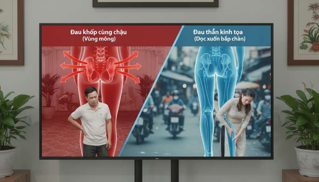 Một biểu đồ Infographic nghệ thuật chia đôi màn hình. Một bên mô tả hướng lan của cơn đau khớp cùng chậu (tập trung vùng mông), bên còn lại mô tả hướng lan của đau thần kinh tọa (chạy dọc xuống bắp chân). Màu sắc tương phản rõ rệt giữa xanh dương và đỏ cảnh báo.