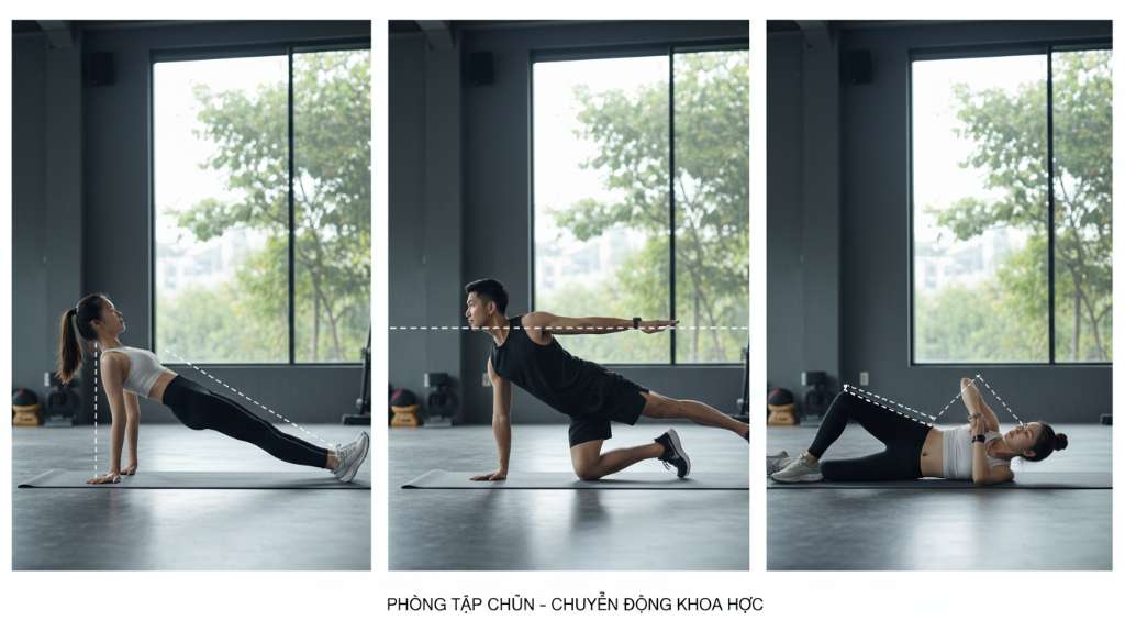 Một bộ ảnh ghép (collage) gồm 3 khung hình, mỗi khung hình là một runner đang thực hiện chuẩn xác động tác Glute Bridge, Bird-dog và Clamshells trong một phòng gym hiện đại, ánh sáng tự nhiên tràn ngập. Có các đường kẻ hướng dẫn tư thế đúng trên ảnh.