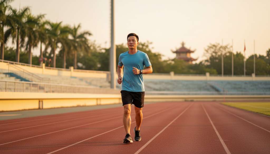 Hình ảnh một runner đang chạy chậm rãi trên đường chạy cao su màu đỏ trong sân vận động dưới ánh hoàng hôn. Tư thế chạy thả lỏng, tập trung vào việc đáp chân nhẹ nhàng. Ảnh có chiều sâu và tạo cảm giác bình yên, phục hồi.