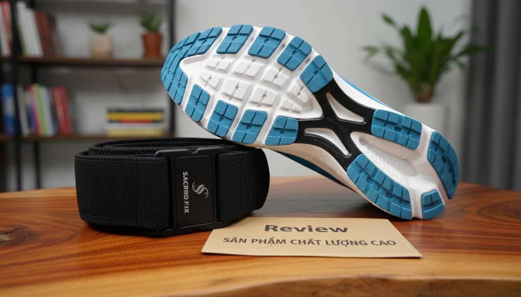 Ảnh chụp cận cảnh (Macro) đế một đôi giày chạy bộ cao cấp với các lớp bọt đệm (foam) dày và công nghệ ổn định khung nhựa ở giữa. Bên cạnh là một chiếc đai SI Belt chuyên dụng đặt trên nền gỗ sang trọng, phong cách review sản phẩm tinh tế.