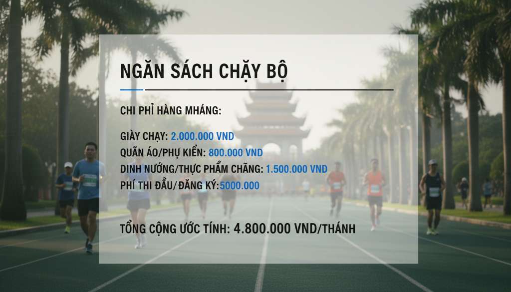 Một bảng infographics sáng tạo được thiết kế theo phong cách tối giản, trình bày các con số ngân sách chạy bộ trên nền ảnh mờ của một đường chạy marathon xanh mướt.
