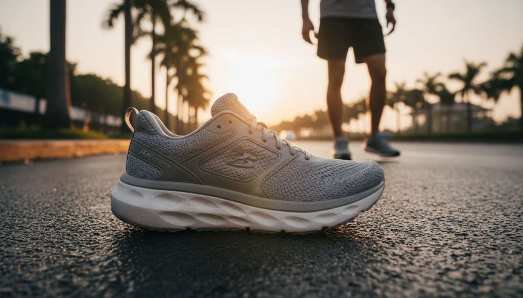 Ảnh chụp cận cảnh mặt cắt ngang của một chiếc giày chạy bộ chuyên dụng, làm nổi bật lớp đệm bọt foam dày và cấu trúc lưới thoáng khí phía trên, đặt trên nền nhựa đường đen bóng.