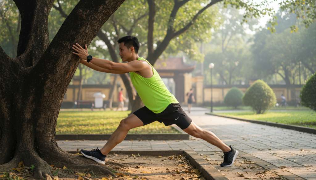 Một runner nam đang đeo đồng hồ Garmin, mặc áo singlet xanh neon và quần short 2 lớp, đang thực hiện động tác giãn cơ bắp chuối dưới tán cây công viên buổi sáng.