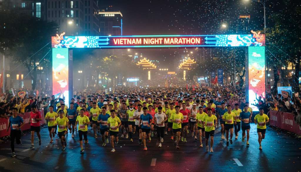 Cảnh tượng hàng ngàn runner xuất phát dưới cổng chào rực rỡ ánh đèn led của một giải marathon đêm, tạo nên một dòng người đầy màu sắc và khí thế.