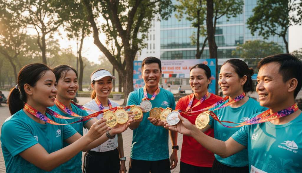 Một nhóm runner đang cười nói vui vẻ, cùng nhau nâng cao những tấm huy chương hoàn thành giải chạy, thể hiện tinh thần cộng đồng gắn kết.