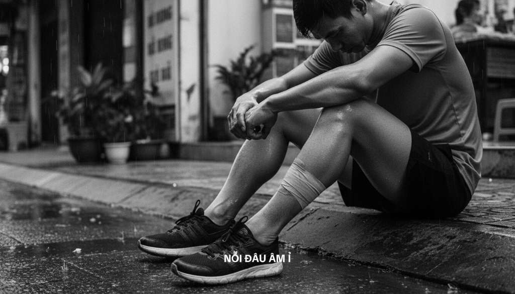 Ảnh nghệ thuật đen trắng tập trung vào đôi chân của một runner đang ngồi bệt trên vỉa hè, ánh sáng tập trung vào vùng bắp chân đang căng phồng, thể hiện sự tương phản giữa vẻ ngoài khỏe khoắn và nỗi đau âm ỉ bên trong.