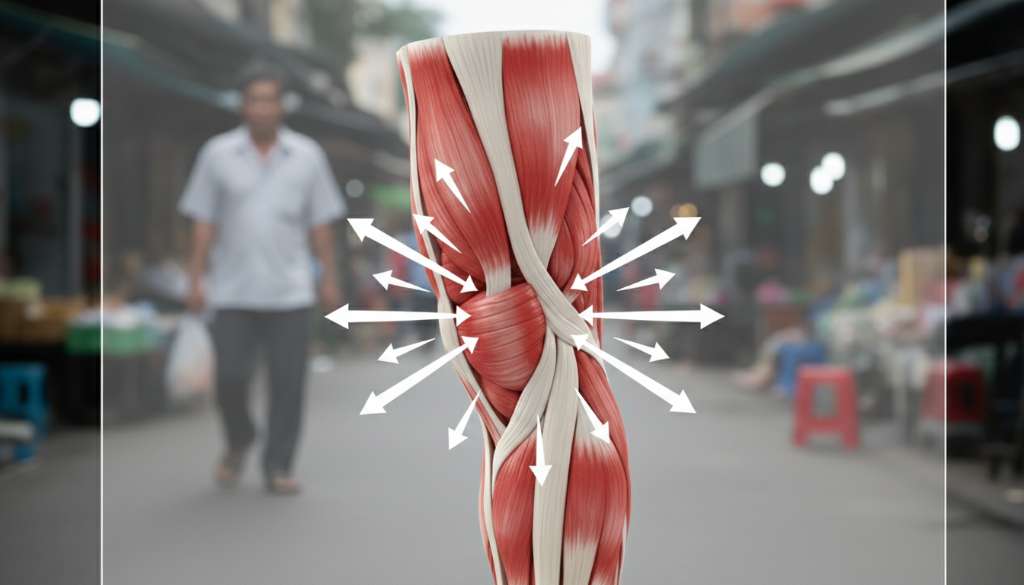 Sơ đồ 3D giải phẫu bắp chân chân thực, minh họa các khoang cơ màu đỏ sẫm bị bao quanh bởi lớp màng trắng mỏng nhưng cứng cáp, các mũi tên hướng ra ngoài thể hiện áp lực cơ bắp đang bị dồn nén.