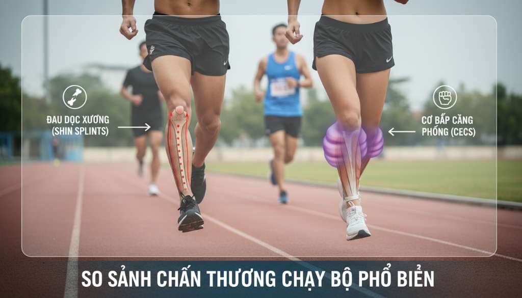 Infographic so sánh hai đôi chân chạy bộ, một bên đánh dấu điểm đau dọc xương (Shin Splints), một bên đánh dấu vùng cơ bắp căng phồng (CECS) với các icon chỉ dẫn rõ ràng.