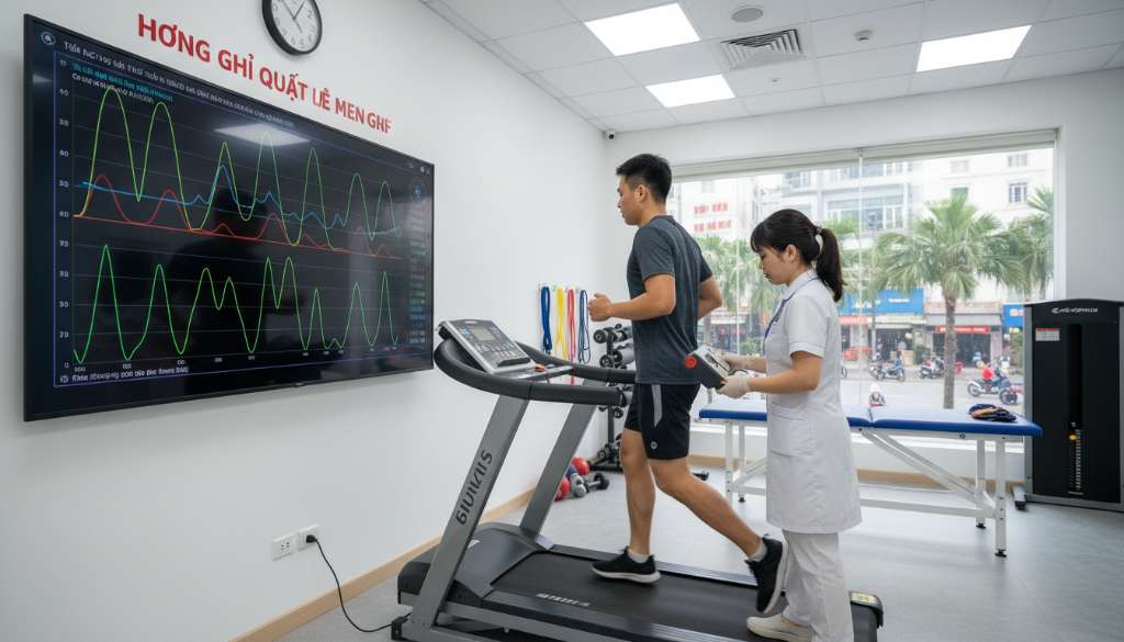 Bối cảnh phòng khám y học thể thao hiện đại, bác sĩ đang sử dụng thiết bị đo áp lực kỹ thuật số trên bắp chân của một vận động viên trên máy chạy bộ, màn hình hiển thị các biểu đồ sóng áp lực.