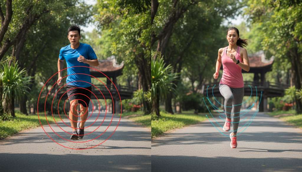 Ảnh minh họa sự khác biệt giữa hai dáng chạy, một bên là cú đáp gót gây chấn động mạnh, một bên là cú đáp mũi chân uyển chuyển với các đường line biểu thị lực tác động được giảm thiểu.
