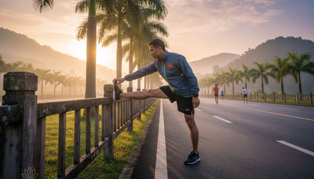 Một runner đang thực hiện động tác giãn cơ bắp chân bên cạnh đường chạy marathon dưới ánh bình minh, biểu tượng cho sự kiên trì và phục hồi đúng cách.