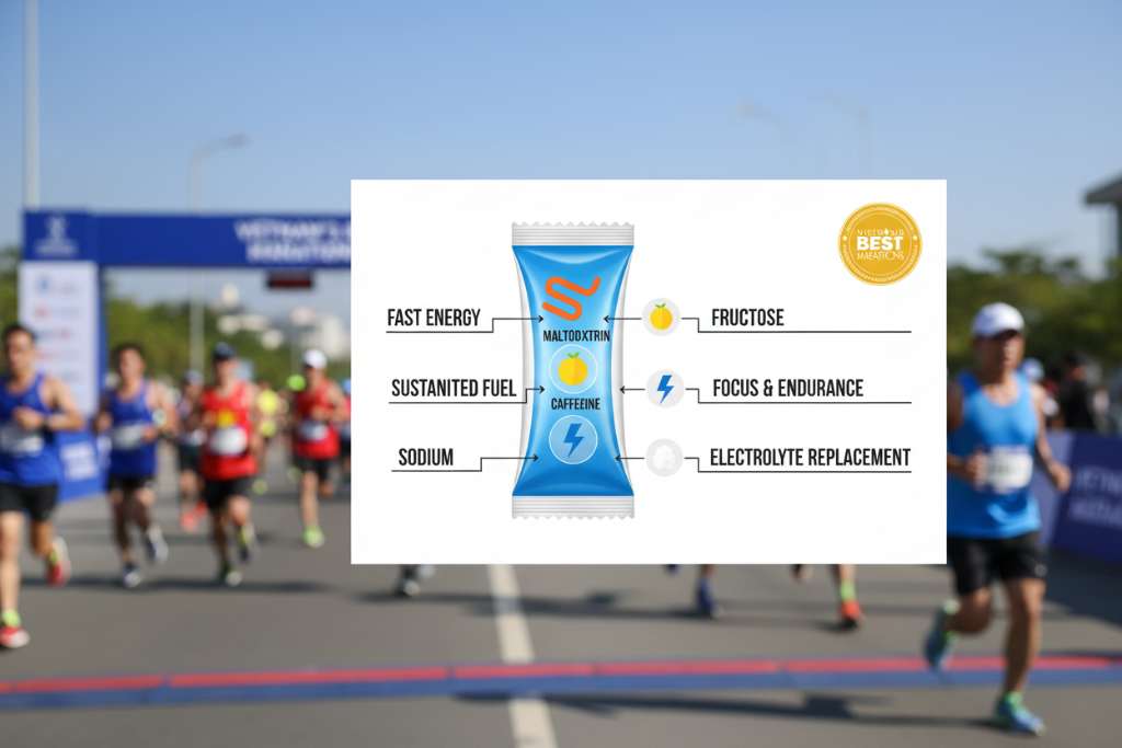 Infographic nền trắng cắt ngang một gói gel năng lượng phóng to, bên trong hiển thị các thành phần chính với biểu tượng phân tử: maltodextrin (biểu tượng chuỗi đường dài màu cam), fructose (biểu tượng quả trái cây màu vàng), caffeine (biểu tượng tia sét xanh dương), sodium (biểu tượng hạt muối trắng). Mỗi thành phần có mũi tên chỉ ra ngoài kèm chú thích vai trò ngắn gọn. Góc trên phải có logo Vietnam's Best Marathon. Phong cách flat design hiện đại, tông xanh dương - cam năng động.