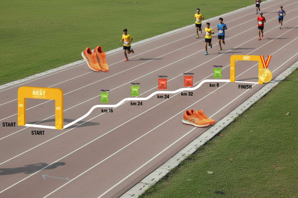 Bảng timeline nằm ngang minh họa đường chạy marathon 42km nhìn từ trên xuống. Đường chạy màu xám nhạt uốn lượn từ trái sang phải với các mốc km được đánh dấu rõ: START, km 8, km 16, km 24, km 32, km 38, FINISH. Tại mỗi mốc có icon gói gel: gel xanh lá (không caffeine) ở km 8 và 16, gel đỏ cam (có caffeine) ở km 24, 32, 38. Phía trên mỗi mốc ghi số carb nạp vào. Nền trắng, font rõ ràng, phong cách infographic thể thao hiện đại.