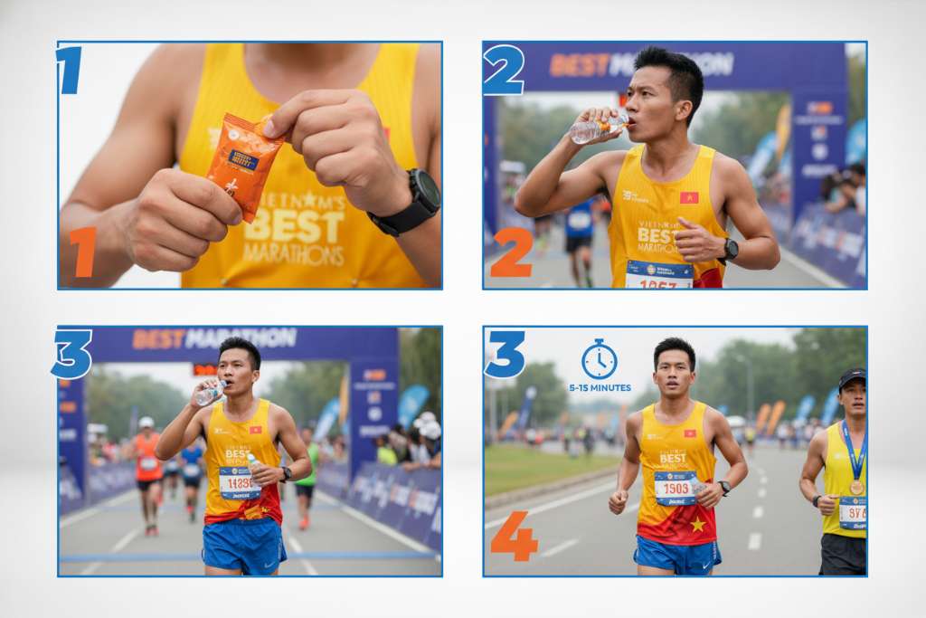 Minh họa dạng 4 ô vuông ngang hàng trên nền trắng, mỗi ô có đánh số 1-2-3-4 rõ ràng. Ô 1: bàn tay xé góc gói gel màu cam bằng một tay, tay kia nắm lại. Ô 2: runner đang bóp gel từ từ vào miệng, biểu cảm tập trung. Ô 3: runner cầm chai nước nhỏ uống một ngụm, gói gel đã xé nhét vào cạp quần. Ô 4: runner tiếp tục chạy với biểu tượng đồng hồ 5-15 phút phía trên đầu. Phong cách illustration thể thao, nét vẽ sạch, tông xanh dương - cam.