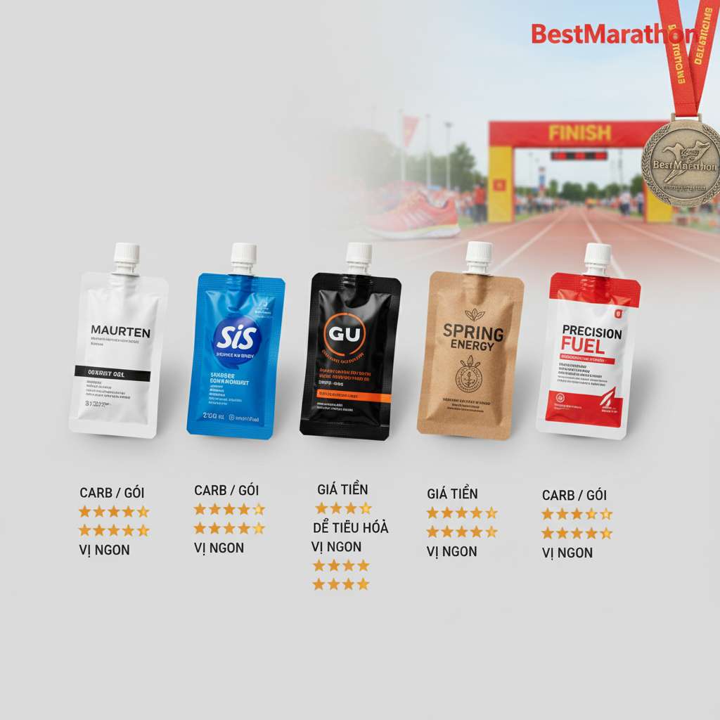 Bảng so sánh trực quan 5 gói gel xếp hàng ngang trên nền xám nhạt. Từ trái sang phải: Maurten (gói trắng minimalist), SiS (gói xanh dương), GU Energy (gói đen-cam), Spring Energy (gói nâu kraft tự nhiên), Precision Fuel (gói đỏ-trắng). Phía dưới mỗi gói gel có 4 hàng icon đánh giá bằng ngôi sao: carb/gói, giá tiền, dễ tiêu hóa, vị ngon. Góc chụp từ trên nhìn xuống 45 độ, ánh sáng studio đều, bóng mềm, phong cách product photography chuyên nghiệp.
