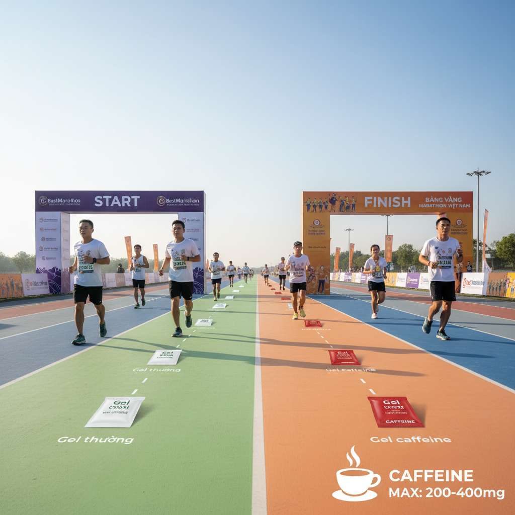 Minh họa đường chạy marathon dạng đường thẳng nằm ngang từ START đến FINISH. Nửa đầu đường (km 0-21) có nền xanh lá nhạt với icon gói gel trắng (không caffeine) và dòng chữ 