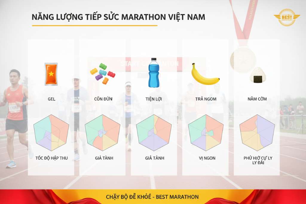 Infographic so sánh 5 nguồn năng lượng xếp thành 5 cột trên nền trắng. Mỗi cột có hình minh họa sản phẩm phía trên: gói gel (cam), kẹo dẻo năng lượng (nhiều màu), chai nước thể thao (xanh dương), quả chuối (vàng), nắm cơm nhỏ (trắng). Bên dưới mỗi sản phẩm là biểu đồ radar nhỏ hình ngũ giác đánh giá 5 tiêu chí: tốc độ hấp thu, tiện lợi, giá thành, vị ngon, phù hợp cự ly dài. Mỗi radar có hình dạng khác nhau thể hiện ưu nhược điểm riêng. Phong cách infographic chuyên nghiệp, tông pastel dễ nhìn.