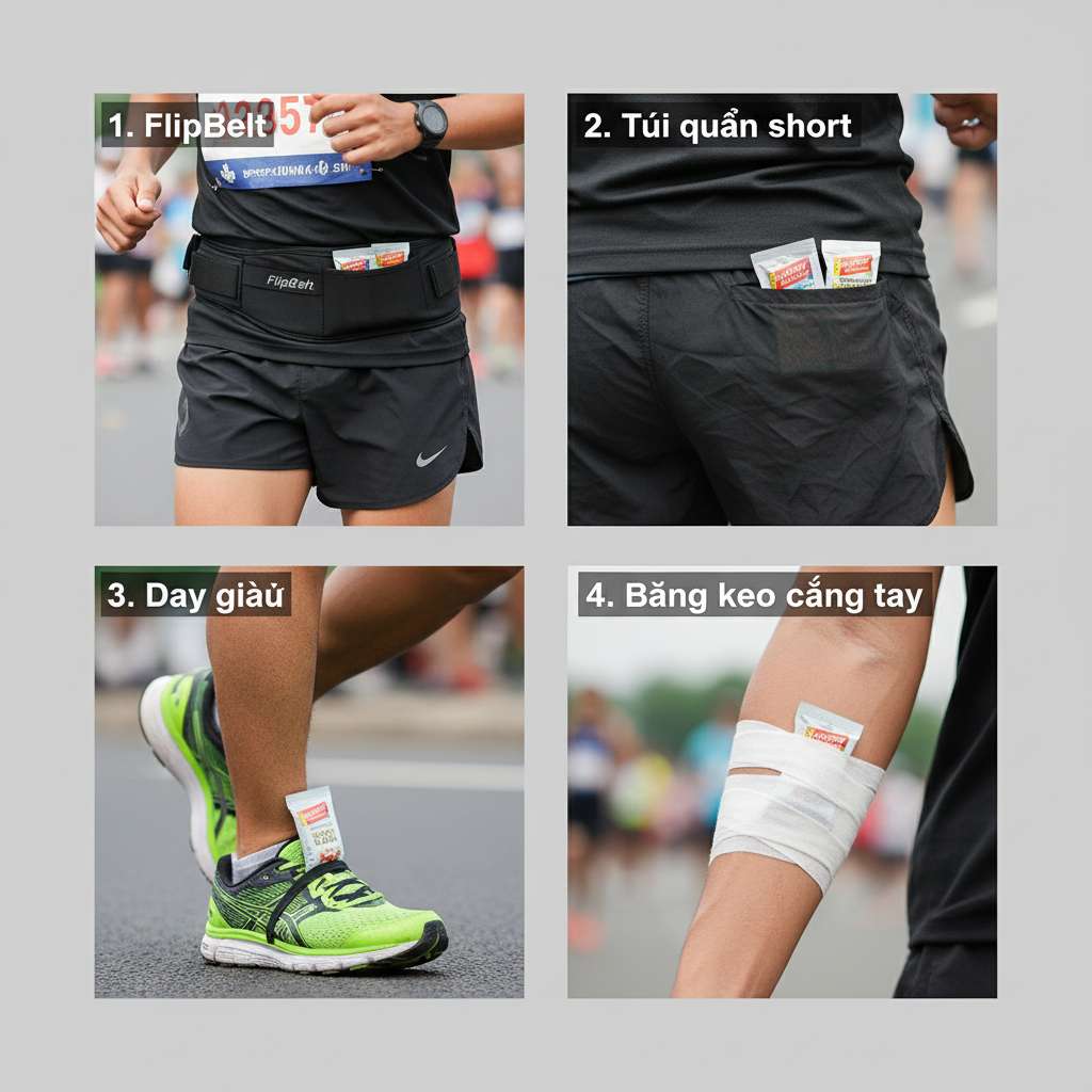 Ảnh 4 ô vuông trên nền xám nhạt minh họa 4 cách mang gel. Ô 1: close-up đai FlipBelt đen quanh bụng runner, nhìn thấy 4 gói gel nhét bên trong qua lớp vải co giãn. Ô 2: close-up túi phía sau quần short chạy bộ, 2 gói gel nhô lên khỏi túi. Ô 3: gói gel được kẹp vào dây giày bằng dây thun nhỏ. Ô 4: gói gel dán trên cẳng tay runner bằng băng keo thể thao trắng. Mỗi ô có nhãn số 1-4 và tên phương pháp. Góc chụp close-up, ánh sáng tự nhiên ngoài trời, phong cách lifestyle thể thao.