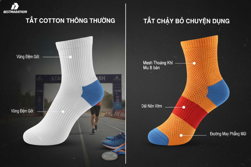 Infographic dạng split-screen chia đôi màn hình. Bên trái là mặt cắt ngang tất cotton thông thường — cấu trúc đơn lớp, sợi dày đều, không phân vùng, màu trắng đơn điệu. Bên phải là mặt cắt ngang tất chạy bộ chuyên dụng — hiển thị rõ các vùng đệm dày ở gót (màu xanh), mesh thoáng ở mu bàn chân (màu cam), dải nén ở vòm (màu đỏ), và đường may phẳng ở mũi. Nền tối, font chữ tiếng Việt gọn gàng, phong cách đồ họa thể thao hiện đại.