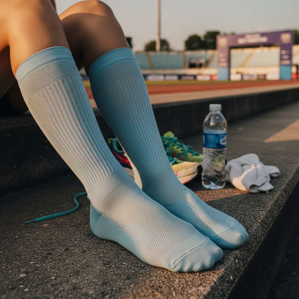 Cận cảnh bàn chân một runner nữ Việt Nam đang mang tất chạy bộ chuyên dụng màu xanh nhạt, ngồi trên bậc thềm sân vận động sau buổi chạy. Tất lộ rõ vùng mesh thoáng khí ở mu bàn chân và viền đệm dày ở gót. Bên cạnh là đôi giày chạy bộ đã tháo ra, chai nước, và khăn lau mồ hôi. Ánh sáng chiều muộn, tông màu ấm, góc chụp 45 độ từ trên xuống, phong cách lifestyle thể thao.