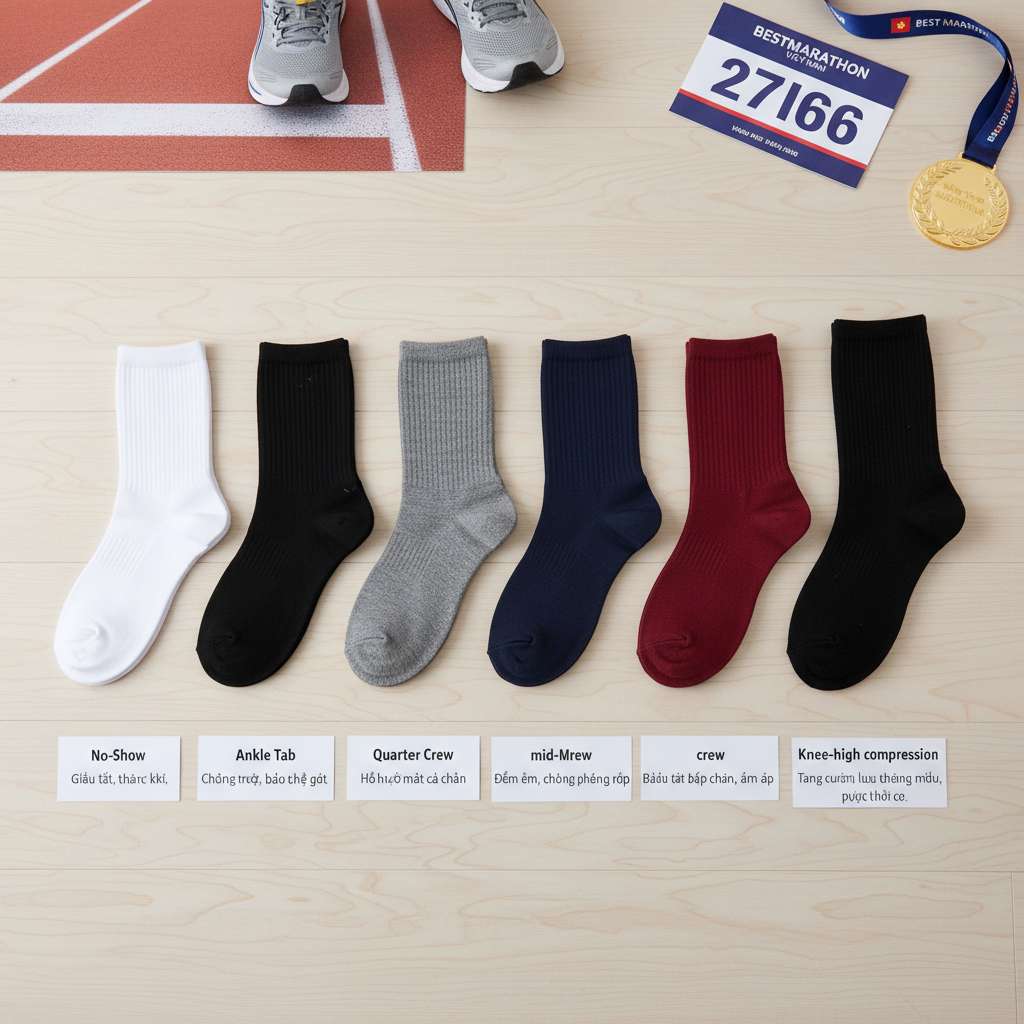 Bộ 6 đôi tất chạy bộ xếp hàng ngang trên nền gỗ sáng, sắp xếp từ thấp đến cao: no-show trắng, ankle có tab đen, quarter crew xám, mid-crew xanh navy, crew đỏ đậm, và knee-high compression đen. Mỗi đôi đặt cạnh nhãn nhỏ ghi tên loại và mục đích sử dụng bằng tiếng Việt. Ánh sáng studio đều, góc chụp bird-eye từ trên xuống, nền sạch tối giản.