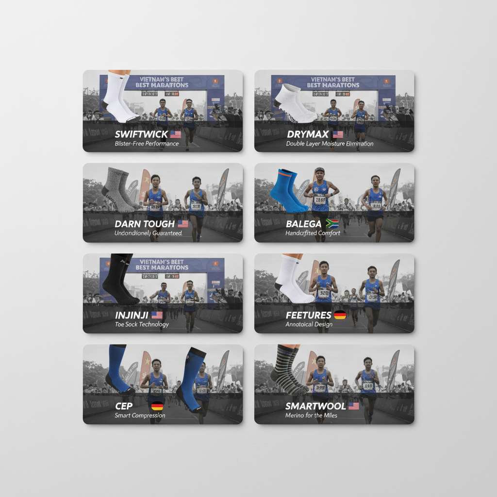 Layout dạng bảng card xếp trên nền xám nhạt, hiển thị 8 thương hiệu tất chạy bộ hàng đầu. Mỗi card gồm: hình sản phẩm tất chạy bộ tiêu biểu, tên thương hiệu in đậm (Swiftwick, Darn Tough, Drymax, Balega, Injinji, CEP, Feetures, Smartwool), quốc kỳ nhỏ bên cạnh, và 1 dòng tagline ngắn. Phong cách đồ họa sạch, tông màu thể thao xanh-trắng-đen, góc nhìn thẳng.