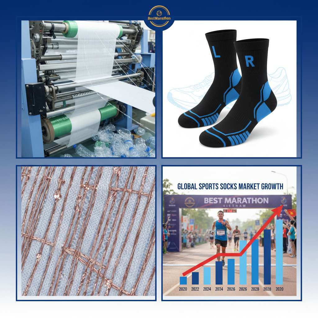 Collage 4 ô trên nền gradient từ xanh đậm sang trắng. Ô 1: Cuộn sợi tái chế từ chai nhựa PET đang được kéo thành sợi vải trên máy dệt công nghiệp. Ô 2: Đôi tất chạy bộ với nhãn L/R rõ ràng, thể hiện thiết kế cá nhân hóa theo bàn chân. Ô 3: Sợi đồng màu vàng hồng dưới kính hiển vi, minh họa công nghệ kháng khuẩn. Ô 4: Biểu đồ cột tăng trưởng thị trường tất thể thao toàn cầu từ 2020 đến 2030 với mũi tên đi lên. Phong cách infographic hiện đại, tông xanh-trắng.