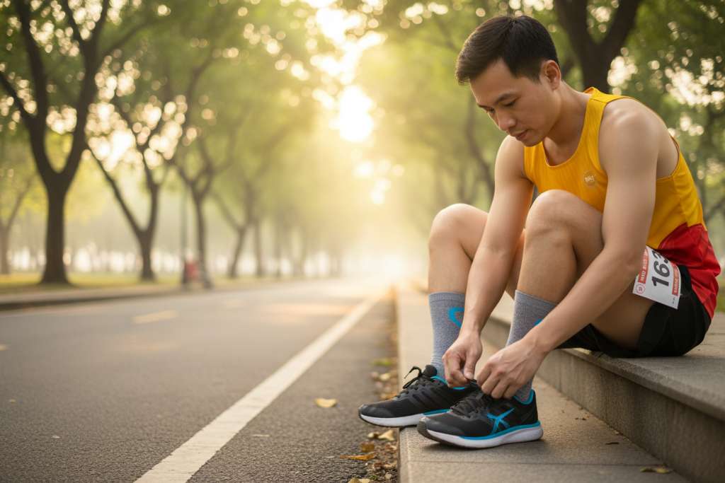 Runner Việt Nam nam, khoảng 30 tuổi, đang ngồi buộc dây giày trên bậc thềm công viên lúc sáng sớm. Zoom vào bàn chân đang mang tất chạy bộ chuyên dụng màu xám phối xanh, giày chạy bộ màu đen. Background là con đường chạy bộ trong công viên với hàng cây xanh mát, ánh bình minh vàng nhẹ xuyên qua tán lá. Góc chụp thấp ngang bàn chân, bokeh mềm ở hậu cảnh, tông màu ấm tự nhiên.