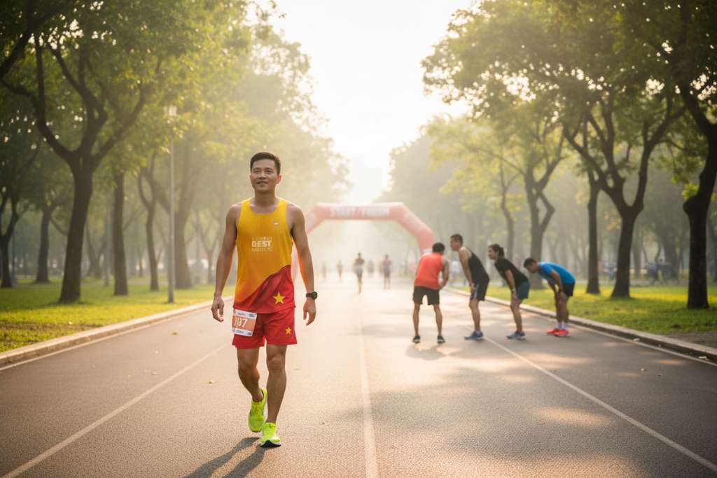 Một nam runner Việt Nam khoảng 30 tuổi đang đi bộ nhẹ cool-down trên đường chạy trong công viên Thống Nhất, Hà Nội, hai tay thả lỏng, biểu cảm thư giãn. Phía xa là nhóm runner khác đang giãn cơ trên bãi cỏ xanh. Ánh nắng sáng sớm xuyên qua tán cây tạo bóng đổ trên đường. Góc chụp rộng, phong cách lifestyle thể thao, tông ấm.