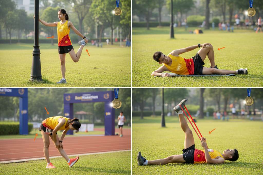 Bố cục chia 4 ô vuông trên nền cỏ xanh công viên, mỗi ô là một runner Việt Nam thực hiện 1 trong 4 động tác giãn cơ đùi: (1) standing quad stretch vịn cột đèn, (2) lying side quad stretch trên thảm yoga xám, (3) standing hamstring stretch trên đường chạy, (4) lying hamstring stretch với dây kháng lực đỏ. Mỗi ô có mũi tên màu cam chỉ vào nhóm cơ đang được kéo giãn. Ánh sáng tự nhiên buổi sáng, góc chụp từ trên cao nhìn xuống nhẹ.