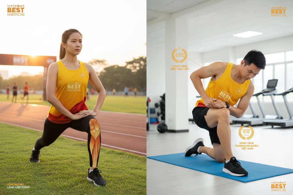 Chia đôi khung hình. Bên trái: nữ runner Việt Nam mặc legging đen thực hiện lateral lunge stretch trên bãi cỏ xanh ven đường chạy, hai tay đặt trên đùi, mặt trời chiếu sáng từ phía sau. Bên phải: nam runner nằm ngửa trên thảm yoga xanh dương trong phòng tập sáng sủa, thực hiện figure four glute stretch, hai tay ôm đùi kéo về phía ngực. Cả hai hình đều có overlay đồ họa highlight nhóm cơ đang giãn bằng màu cam nhạt trong suốt. Phong cách hướng dẫn thể thao chuyên nghiệp.